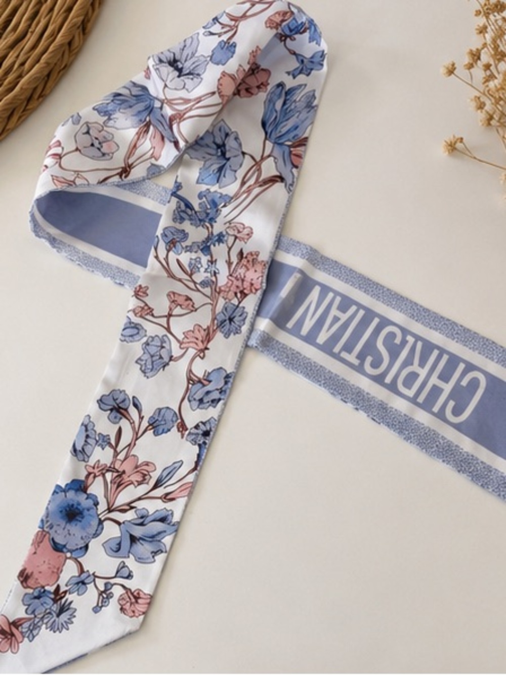 Blue & Blush Floral Skinny Scarf Twilly Hair Neck Bag Accessory